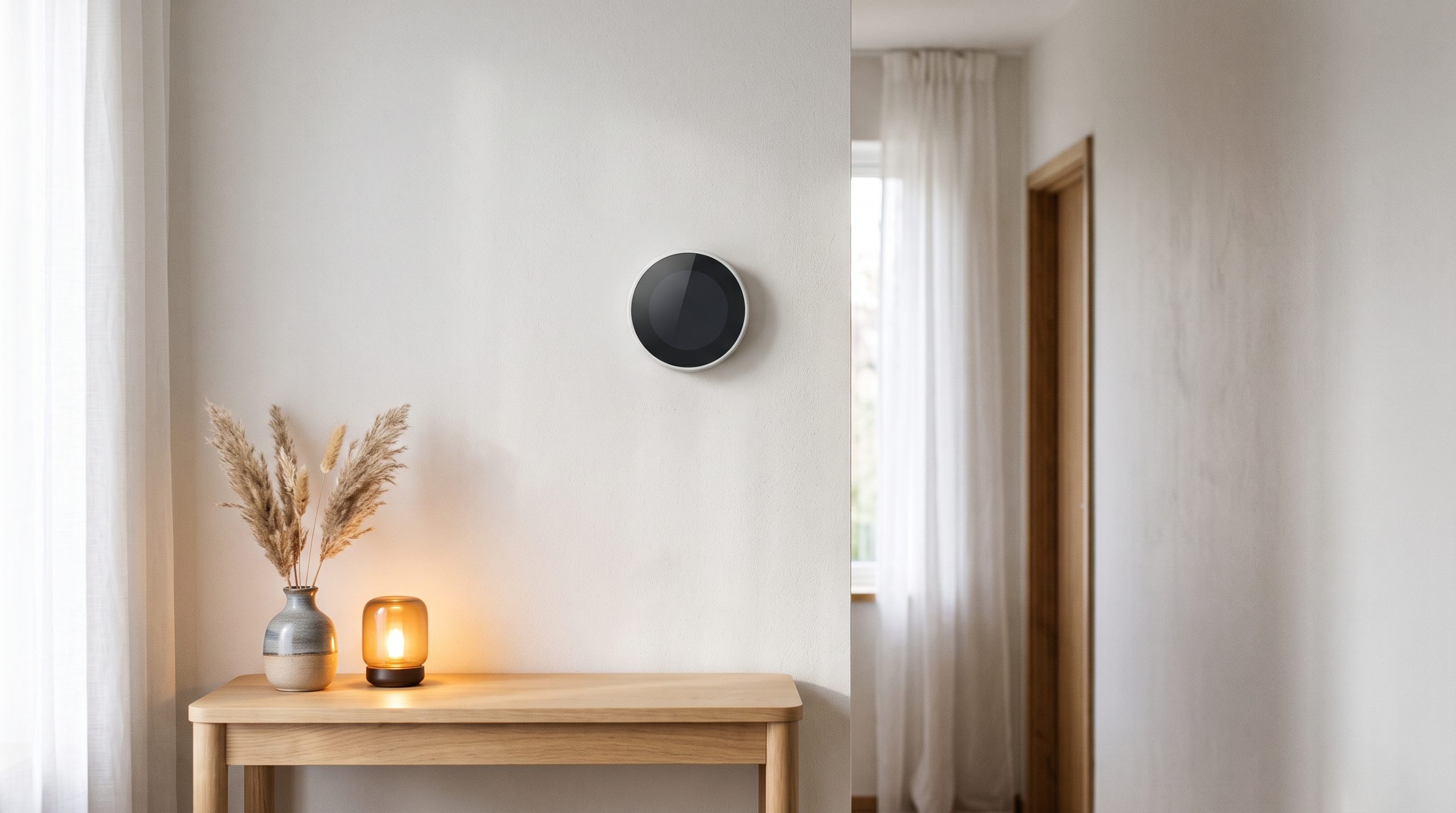 Round unbranded wall thermostat with a dark face above a pale oak console table with a vase and a lit lamp