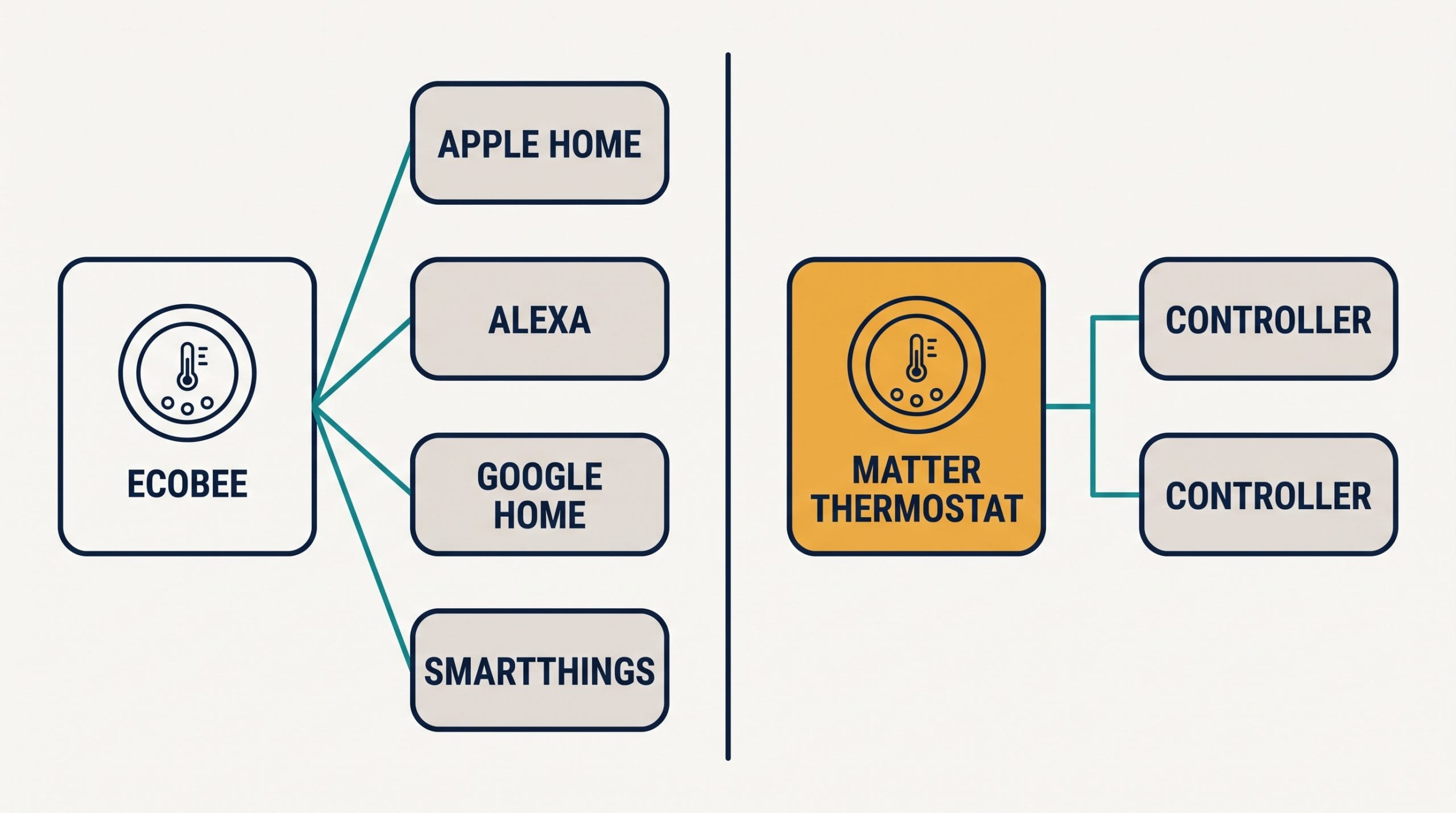Diagram: ecobee linked separately to Apple Home, Alexa, Google Home and SmartThings; a Matter thermostat linked to two controllers